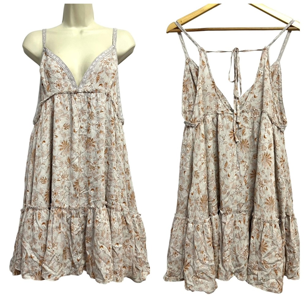 By Together Mini Dress Womens Medium Gray Rust Floral Camryn‎ Boho Tiered